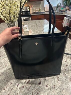 Tory Burch Black Patent Leather Tote with Gold Logo